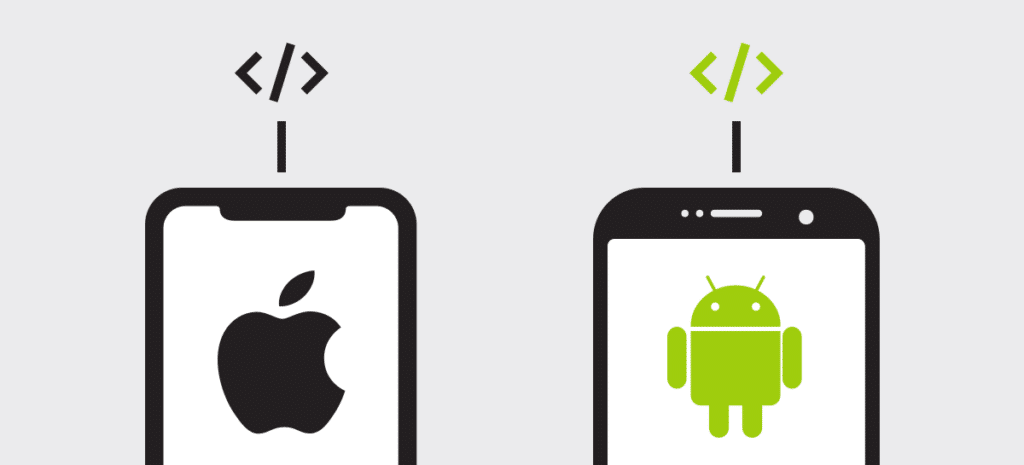 Deux smartphones iOS et Android symbolisant le développement JavaScript sur téléphone