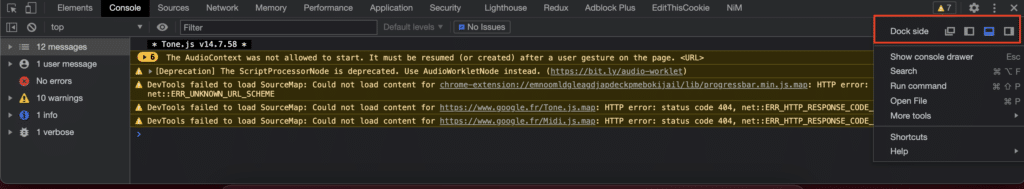 Screenshot du dock des DevTools Chrome