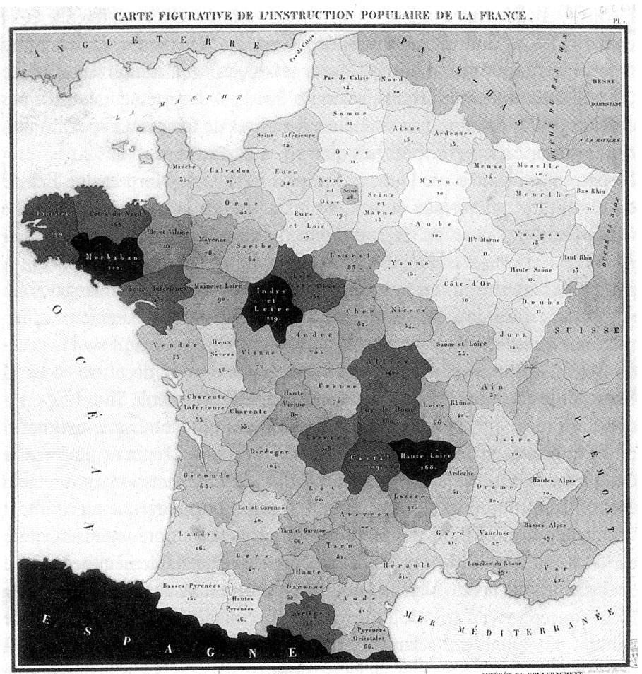 Carte choroplèthe de la France, représentant l'instruction populaire