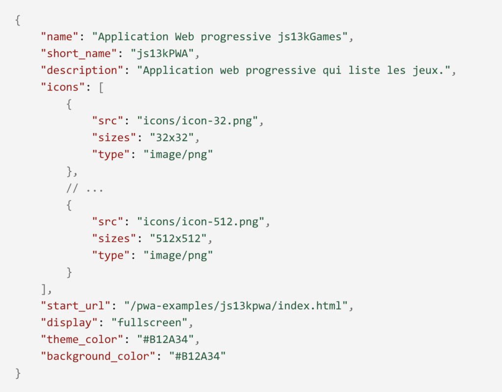 Exemple du fichier manifest, permettant la création d'une progressive web app